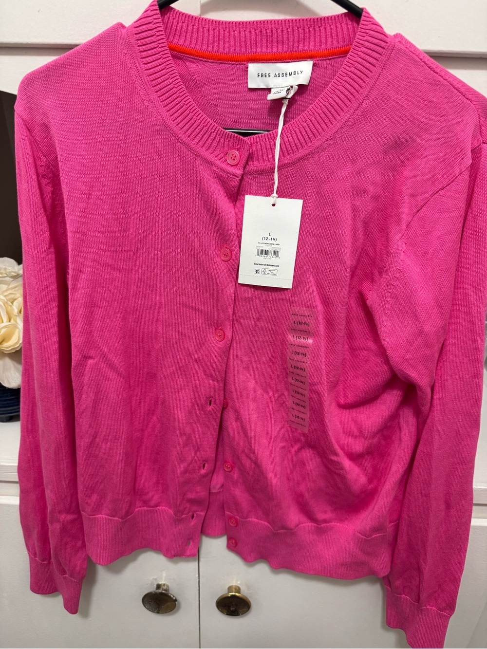 Free Assembly Women's Classic Crew Cardigan Sweater Fuchsia Pink Size L NWT